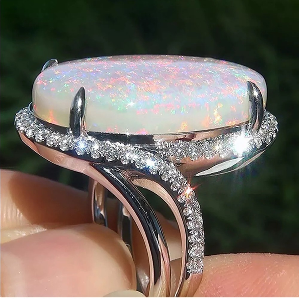 New 925 Silver Fire Opal Birthstone Ring